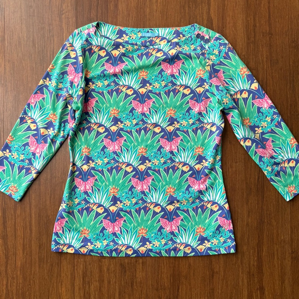 J. McLaughlin Wavesong Tee Women Small Catalina Cloth Top Butterfly Garden Flora